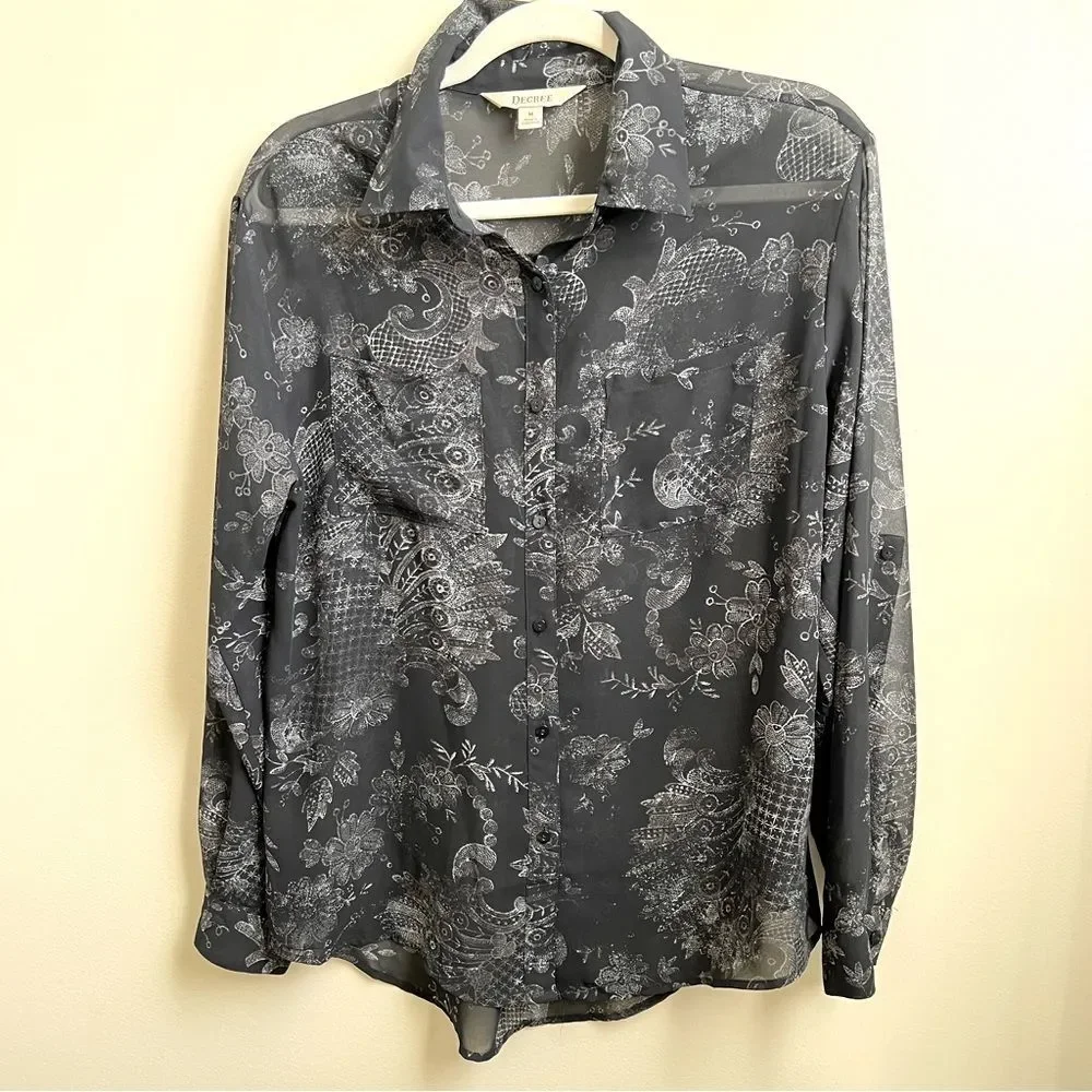 Decree Black Sheer Button Up Blouse Size Medium